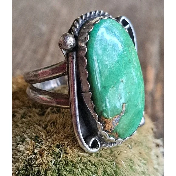 Vintage Old Pawn Green Turquoise Sterling Silver Ring size 9.25 - Picture 6 of 11